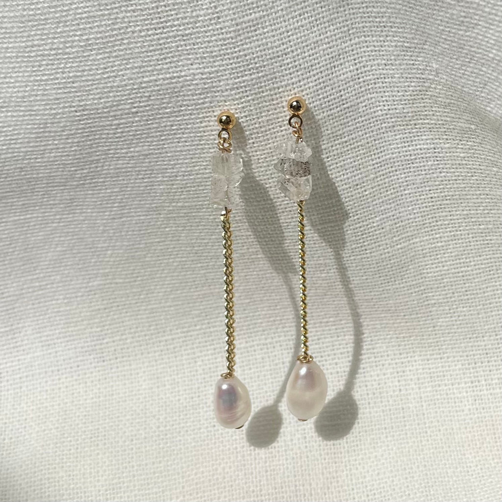 Herkimer Diamond + Freshwater Pearl Drop Earrings